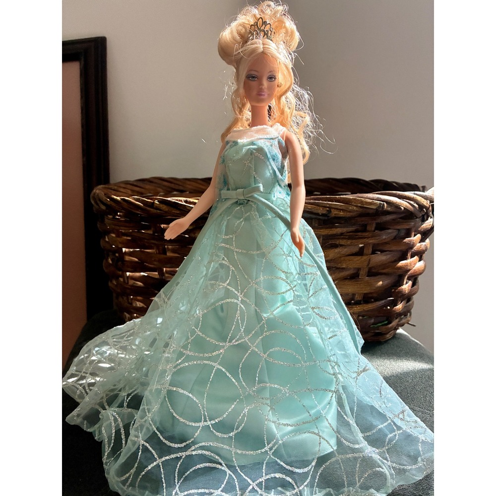 Barbie Blonde Princess Doll Blue Glitter Ball Gown Tiara Earrings Mattel